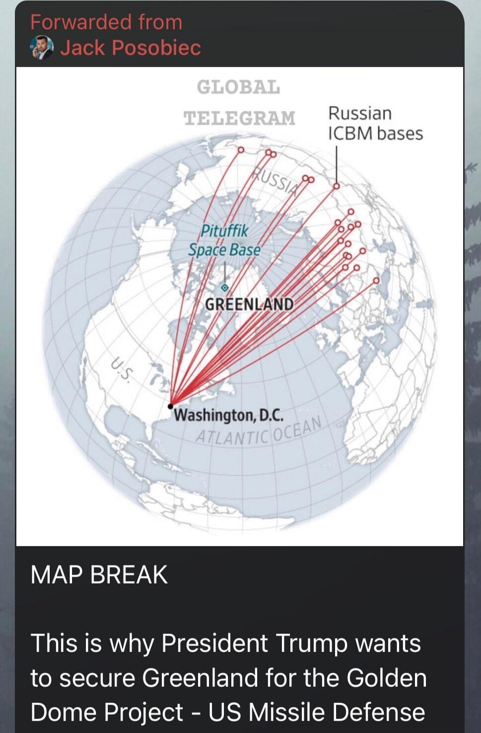 Forwarded from Jack Posobiec GLOBAL TELEGRAM Russian ICBM bases Pituffik Space Base GREENLAND Washington, D.C. MAP BREAK This is why President Trump wants to secure Greenland for the Golden Dome Project - US Missile Defense