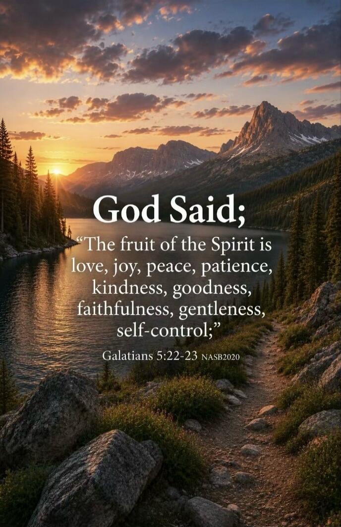 God Said; “The fruit of the Spirit is love, joy, peace, patience, kindness, goodness, faithfulness, gentleness, self-control;” Galatians 5:22-23 NASB2020