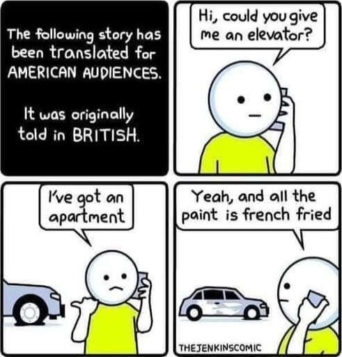 The following story has been translated for AMERICAN AUDIENCES It was eoriginally told in BRITISH Hi could you give me an elevator Yeah and all the paint is french fried