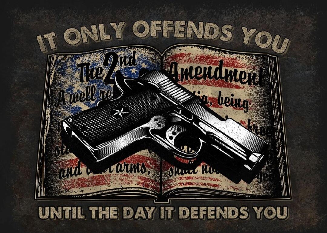 IT ONLY OFFENDS YOU. The 2nd Amendment. A well regulated Militia, being necessary to the security of a free State, the right of the people to keep and bear Arms, shall not be infringed. UNTIL THE DAY IT DEFENDS YOU.