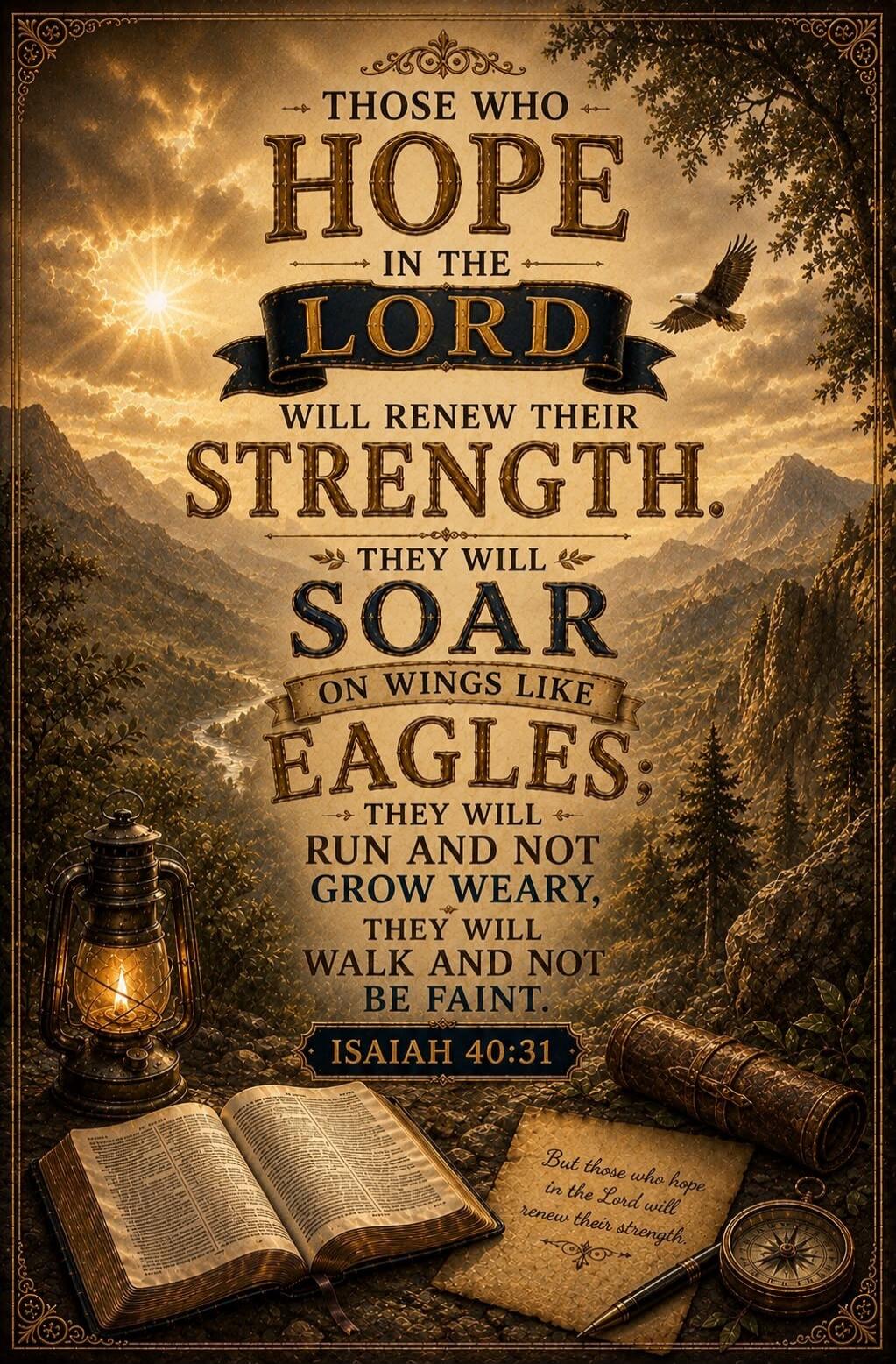 THOSE WHO HOPE IN THE LORD WILL RENEW THEIR STRENGTH. THEY WILL SOAR ON WINGS LIKE EAGLES; THEY WILL RUN AND NOT GROW WEARY, THEY WILL WALK AND NOT BE FAINT. ISAIAH 40:31. But those who hope in the Lord will renew their strength.