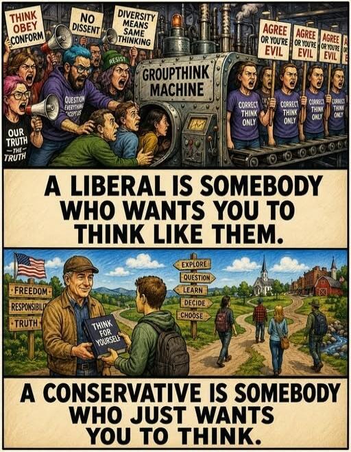 THINK OBEY CONFORM NO DISSENT DIVERSITY MEANS SAME THINKING GROUPTHINK MACHINE OUR TRUTH THE TRUTH QUESTION EVERYTHING EXCEPT US AGREE OR YOU'RE EVIL CORRECT THINK ONLY A LIBERAL IS SOMEBODY WHO WANTS YOU TO THINK LIKE THEM. FREEDOM RESPONSIBILITY TRUTH EXPLORE QUESTION LEARN DECIDE CHOOSE THINK FOR YOURSELF A CONSERVATIVE IS SOMEBODY WHO JUST WANT