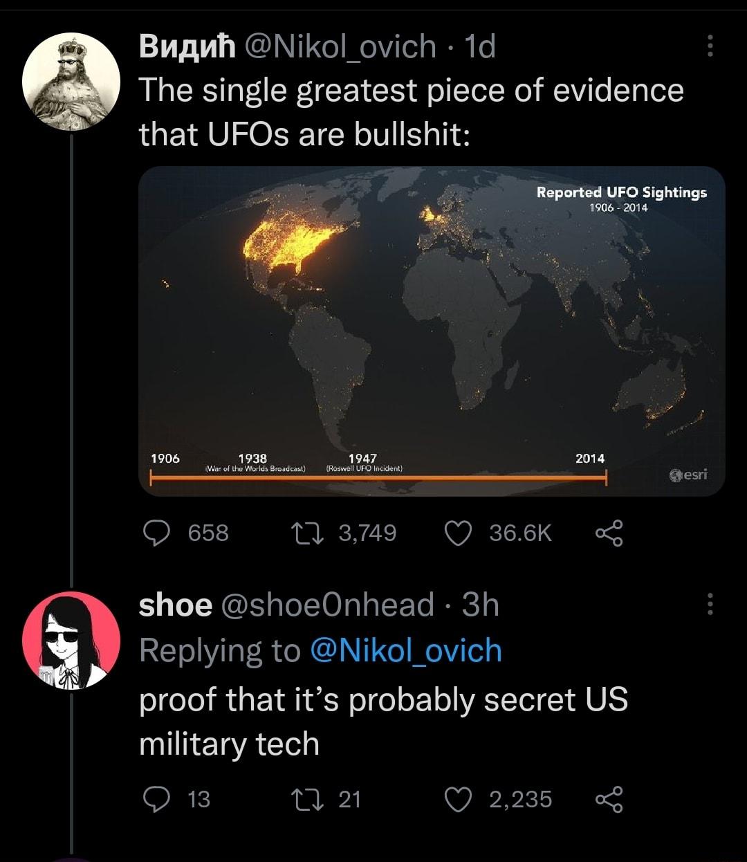 Bupuh Nikol_ovich 1d The single greatest piece of evidence that UFOs are bullshit i e ON7 1 3749 Q 366K o shoe shoeOnhead 3h Replying to Nikol_ovich proof that its probably secret US military tech Q13 n 2 Q 2235