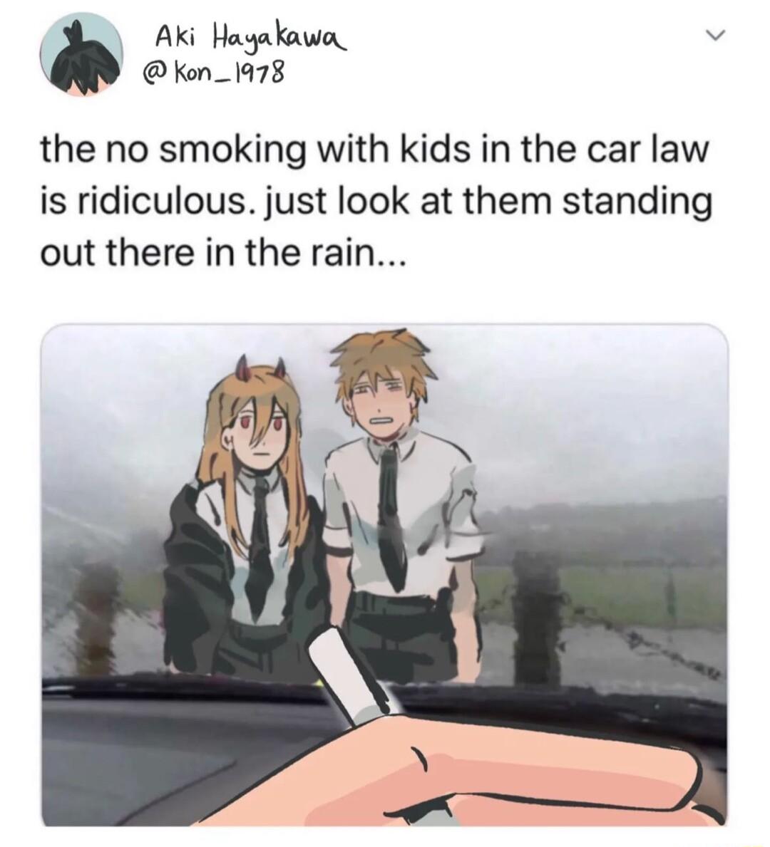 Aki Hayakawa_ v lon_1r8 the no smoking with kids in the car law is ridiculous just look at them standing out there in the rain