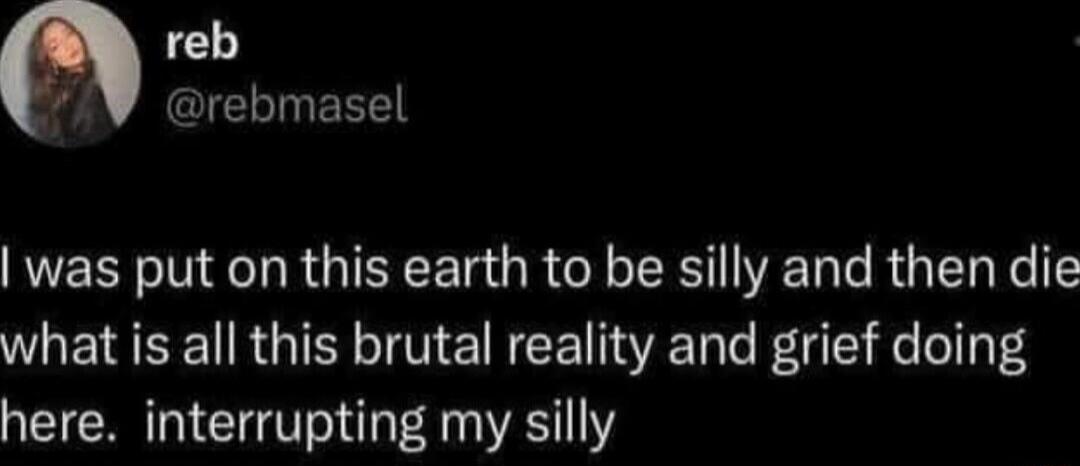 reb 1 I TN ERE was put on this earth to be silly and then die what is all this brutal reality and grief doing here interrupting my silly