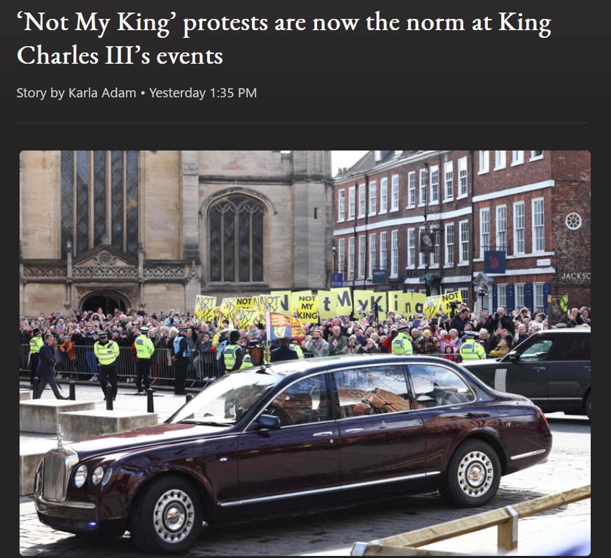 Not My King protests are now the norm at King Charles IIIs events Story by Kl Adam Yesterday 135 PV