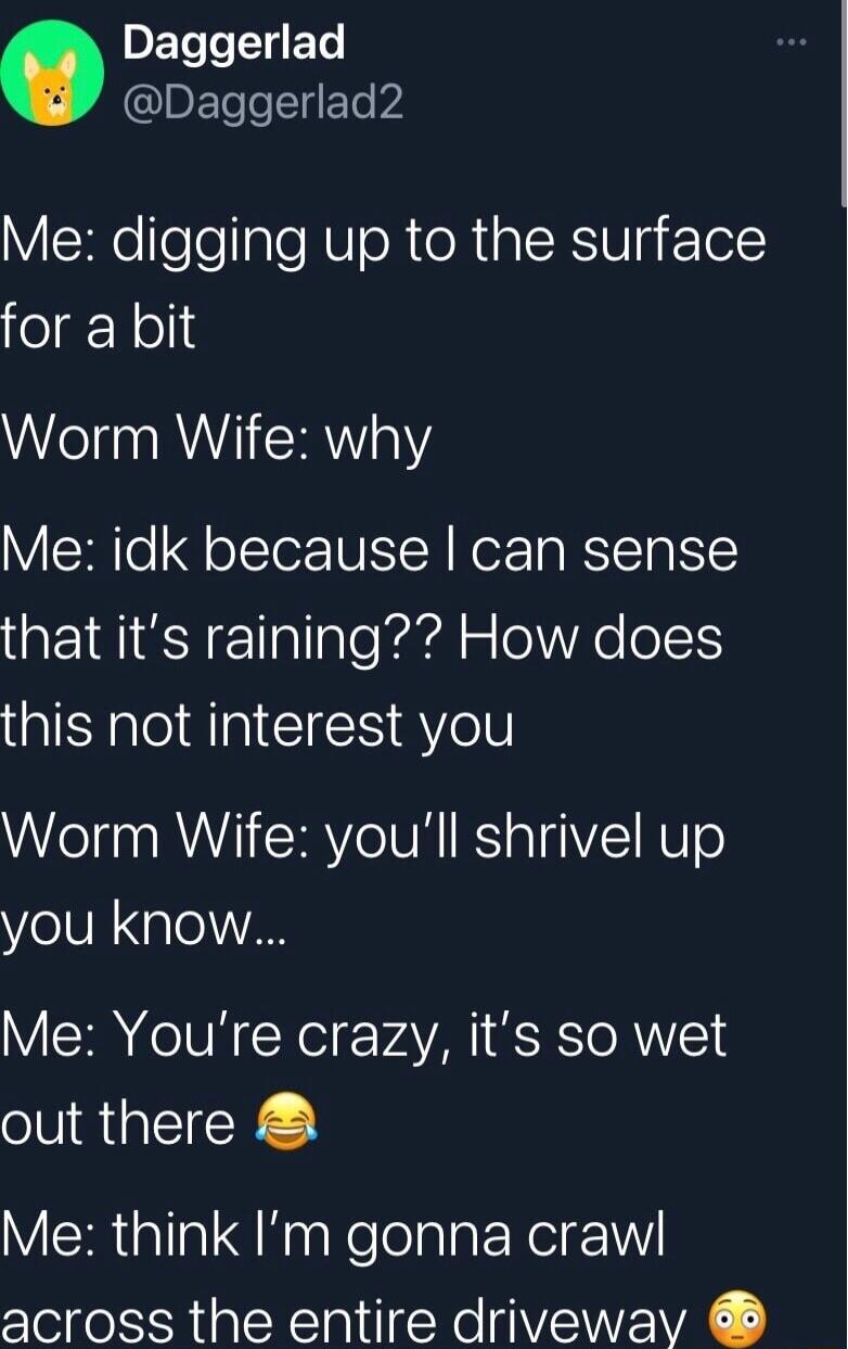 PETe T Daggerlad2 YWeelealeNUoRtoRal NI 5 o folgrYolle Worm Wife why Me idk because can sense that its raining How does this not interest you Worm Wife youll shrivel up you know Me Youre crazy its so wet out there Me think Im gonna crawl across the entire driveway