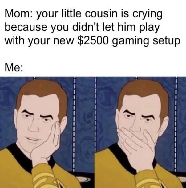 Mom: your little cousin is crying because you didn't let him play with your new $2500 gaming setup Me: