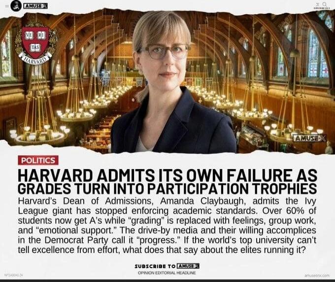 POLITICS HARVARD ADMITS ITS OWN FAILURE AS GRADES TURN INTO PARTICIPATION TROPHIES Harvard's Dean of Admissions, Amanda Claybaugh, admits the Ivy League has stopped offering academic excellence standards. 'Over 60% of students now get A's while 'grading' is replaced with feelings, group work, and 'emotional support.' The drive-by media and their wi