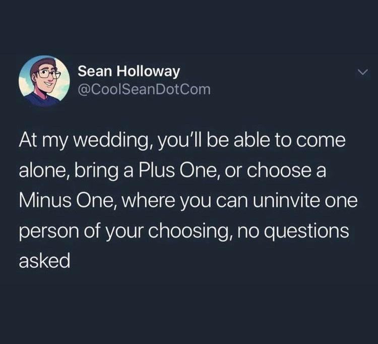 REELN V CoolSeanDotCom A E g VANYTe o aTo MVeTUHIN oI F 1 o SR e X elolpg 1 alone bring a Plus One or choose a Minus One where you can uninvite one person of your choosing no questions NGl