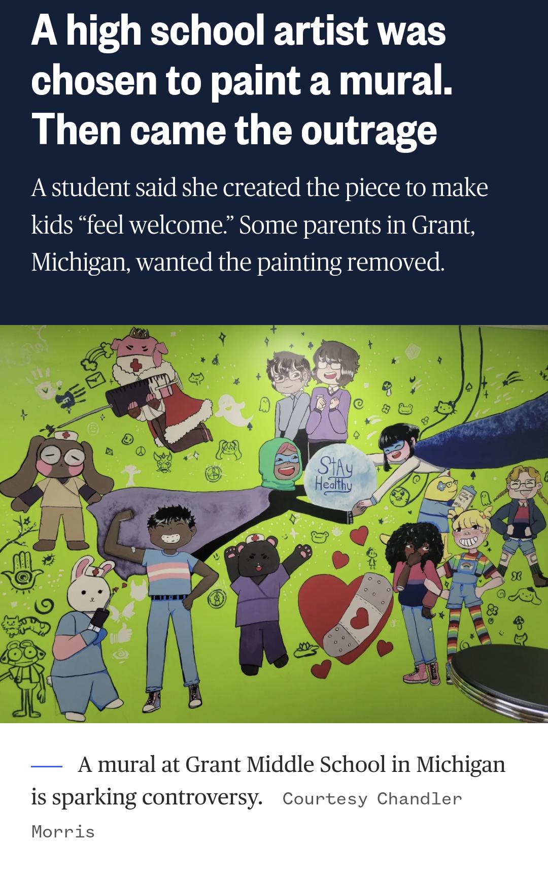 LG D BT SRR e GECL RGBT TR T 1 Then came the outrage A student said she created the piece to make kids feel welcome Some parents in Grant Michigan wanted the painting removed is sparking controvers Mo