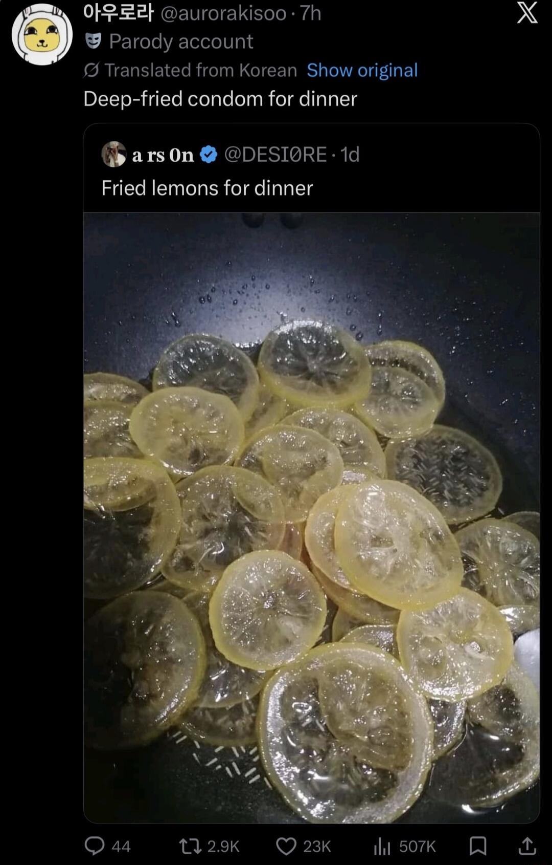 Parody account. Deep-fried condom for dinner. Fried lemons for dinner.