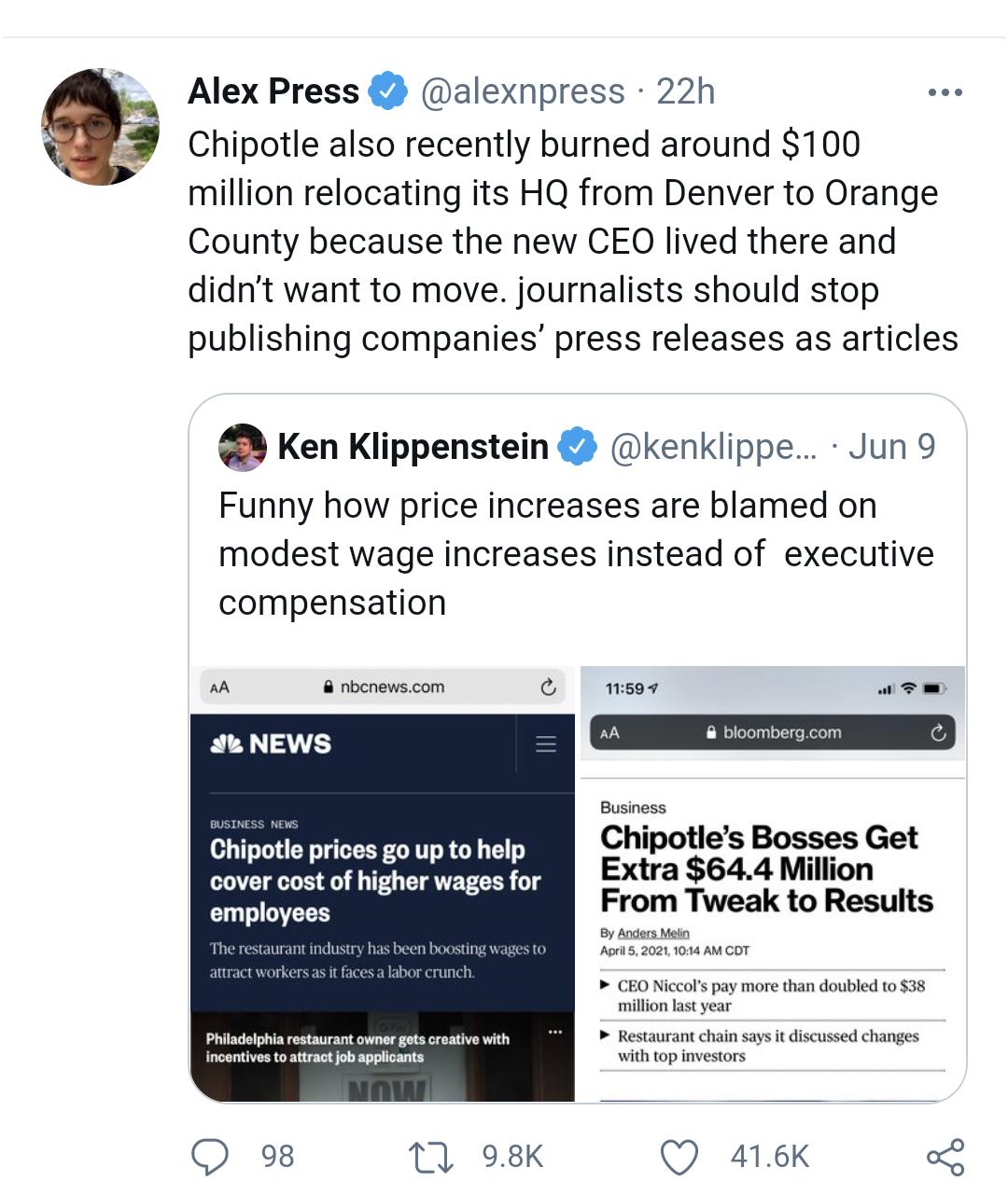 Alex Press alexnpress 22h Chipotle also recently burned around 100 million relocating its HQ from Denver to Orange County because the new CEO lived there and didnt want to move journalists should stop publishing companies press releases as articles Q Ken Klippenstein kenklippe Jun 9 Funny how price increases are blamed on modest wage increases instead of executive compensation AA nbcnewscom Ak NEW