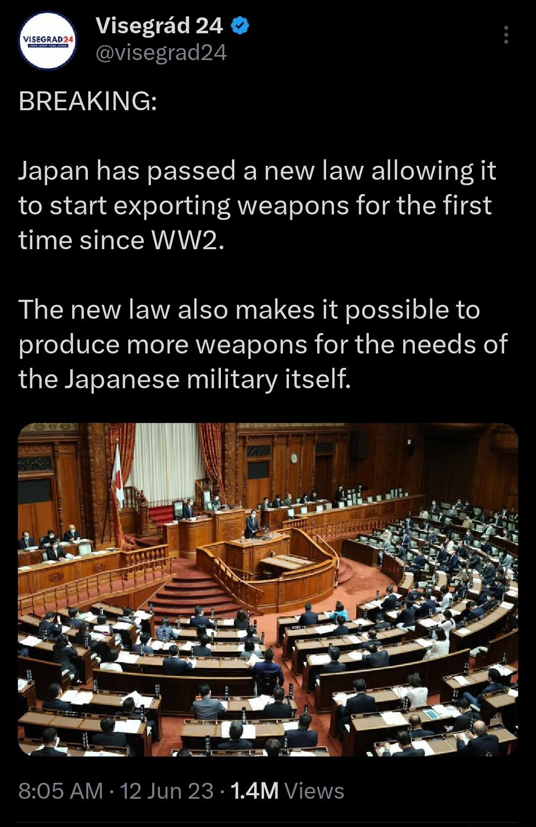 Visegrad 24 visegrad24 BREAKING Japan has passed a new law allowing it to start exporting weapons for the first time since WW2 The new law also makes it possible to produce more weapons for the needs of the Japanese military itself e el R PRIV IR I 1V AV