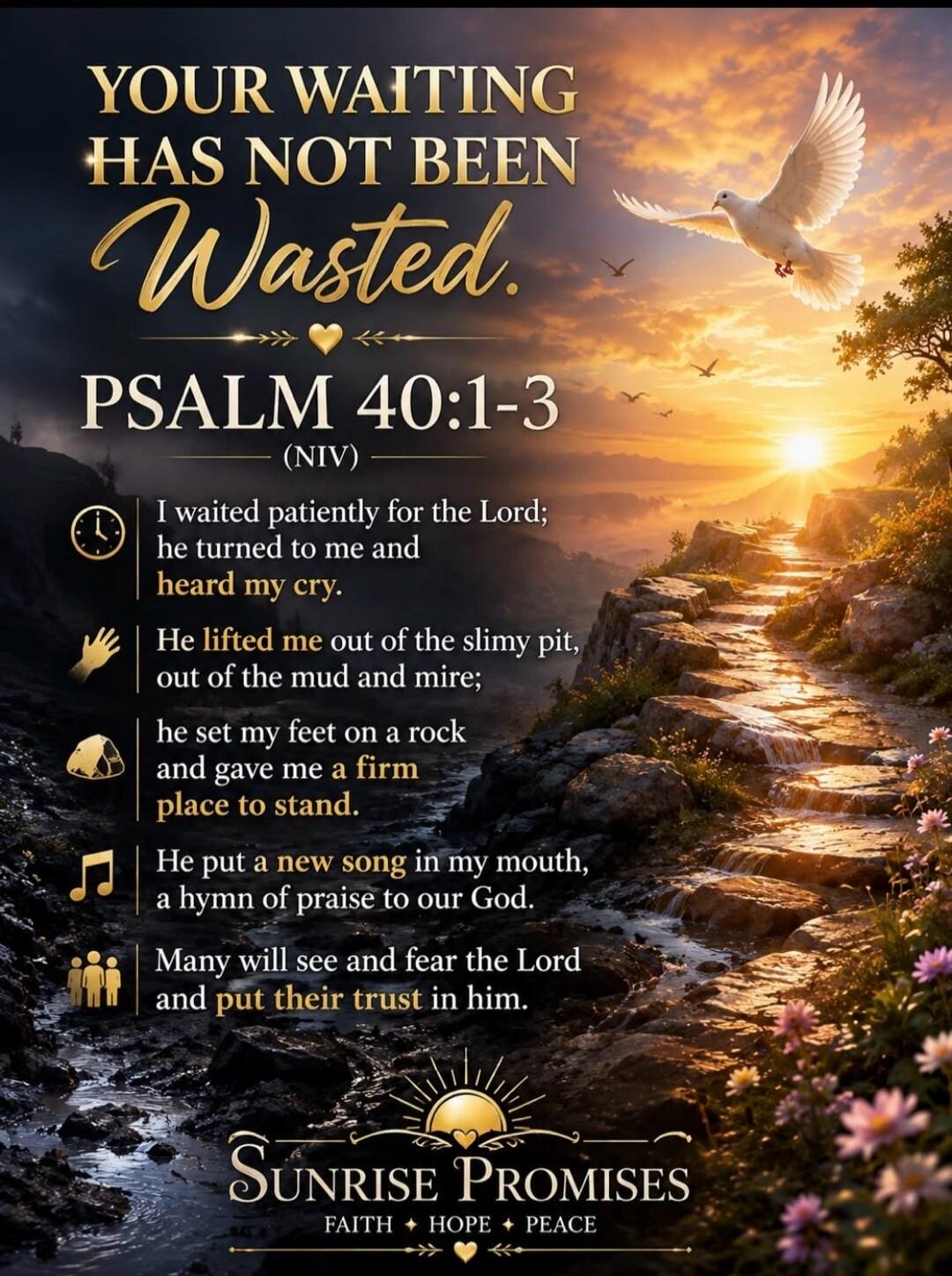 YOUR WAITING HAS NOT BEEN Wasted. PSALM 40:1-3 (NIV) I waited patiently for the Lord; he turned to me and heard my cry. He lifted me out of the slimy pit, out of the mud and mire; he set my feet on a rock and gave me a firm place to stand. He put a new song in my mouth, a hymn of praise to our God. Many will see and fear the Lord and put their trus