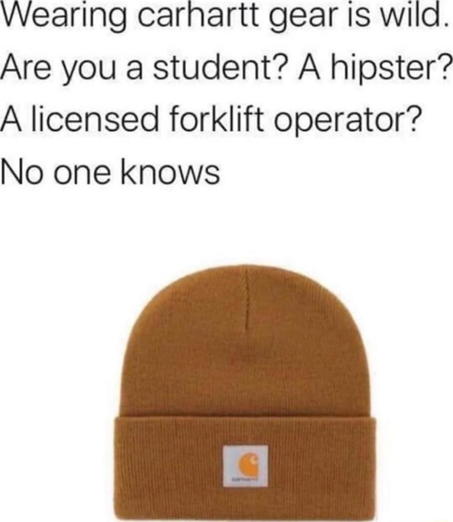 Wearing carnartt gear Is wild Are you a student A hipster A licensed forklift operator No one knows
