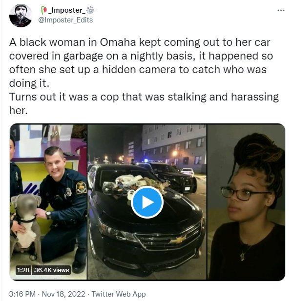 i _Imposter_ A black woman in Omaha kept coming out to her car covered in garbage on a nightly basis it happened so often she set up a hidden camera to catch who was doing it Turns out it was a cop that was stalking and harassing