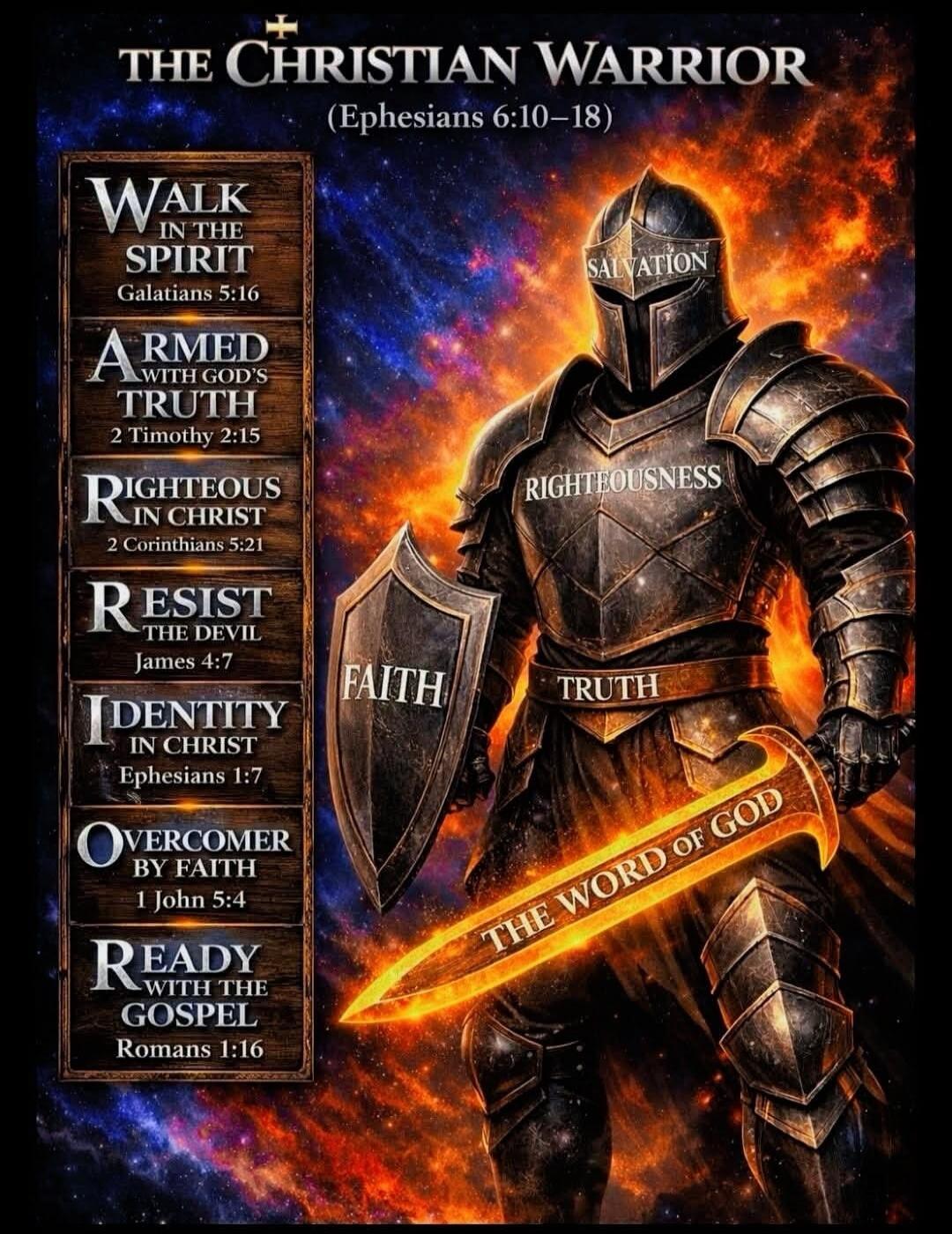 THE CHRISTIAN WARRIOR (Ephesians 6:10-18) WALK IN THE SPIRIT Galatians 5:16 ARMED WITH GOD'S TRUTH 2 Timothy 2:15 RIGHTEOUS IN CHRIST 2 Corinthians 5:21 RESIST THE DEVIL James 4:7 IDENTITY IN CHRIST Ephesians 1:7 OVERCOMER BY FAITH 1 John 5:4 READY WITH THE GOSPEL Romans 1:16 SALVATION RIGHTEOUSNESS FAITH TRUTH THE WORD OF GOD