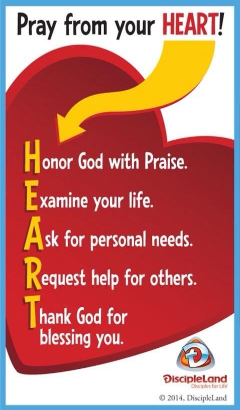 Pray from your HEART! Honor God with Praise. Examine your life. Ask for personal needs. Request help for others. Thank God for blessing you.