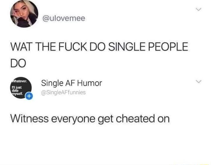 ulovemee WAT THE FUCK DO SINGLE PEOPLE DO Single AF Humor Witness everyone get cheated on