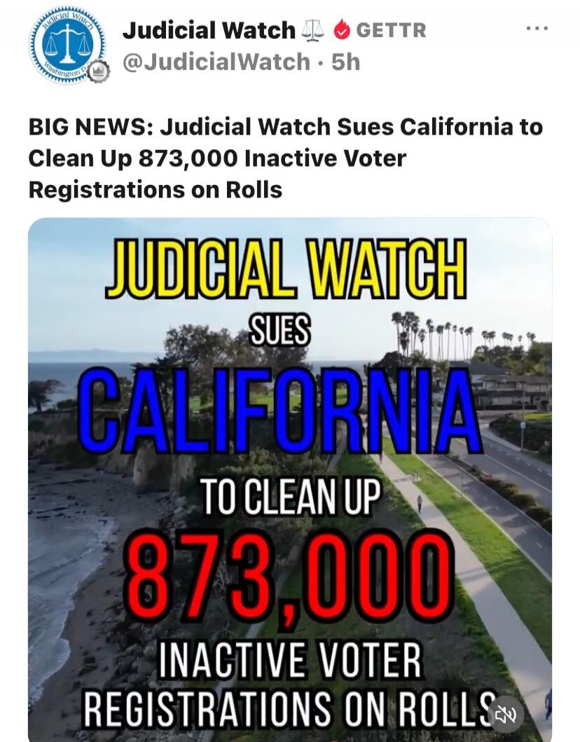BIG NEWS: Judicial Watch Sues California to Clean Up 873,000 Inactive Voter Registrations on Rolls. JUDICIAL WATCH SUES CALIFORNIA TO CLEAN UP 873,000 INACTIVE VOTER REGISTRATIONS ON ROLLS.