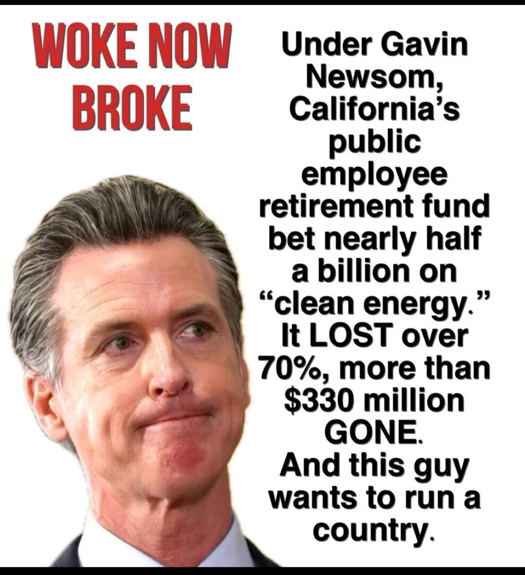 WOKE NOW BROKE
Under Gavin Newsom, California's public employee retirement fund bet nearly half a billion on 'clean energy.' It LOST over 70%, more than $330 million GONE. And this guy wants to run a country.