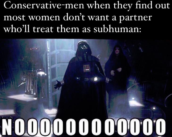Conservative men when they find out most women dont want a partner wholl treat them as subhuman n 00