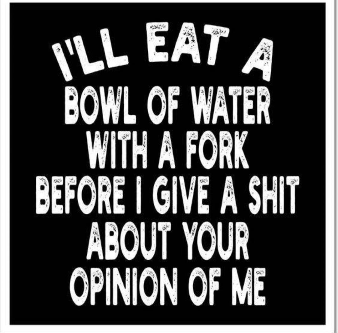 I'LL EAT A BOWL OF WATER WITH A FORK BEFORE I GIVE A SHIT ABOUT YOUR OPINION OF ME