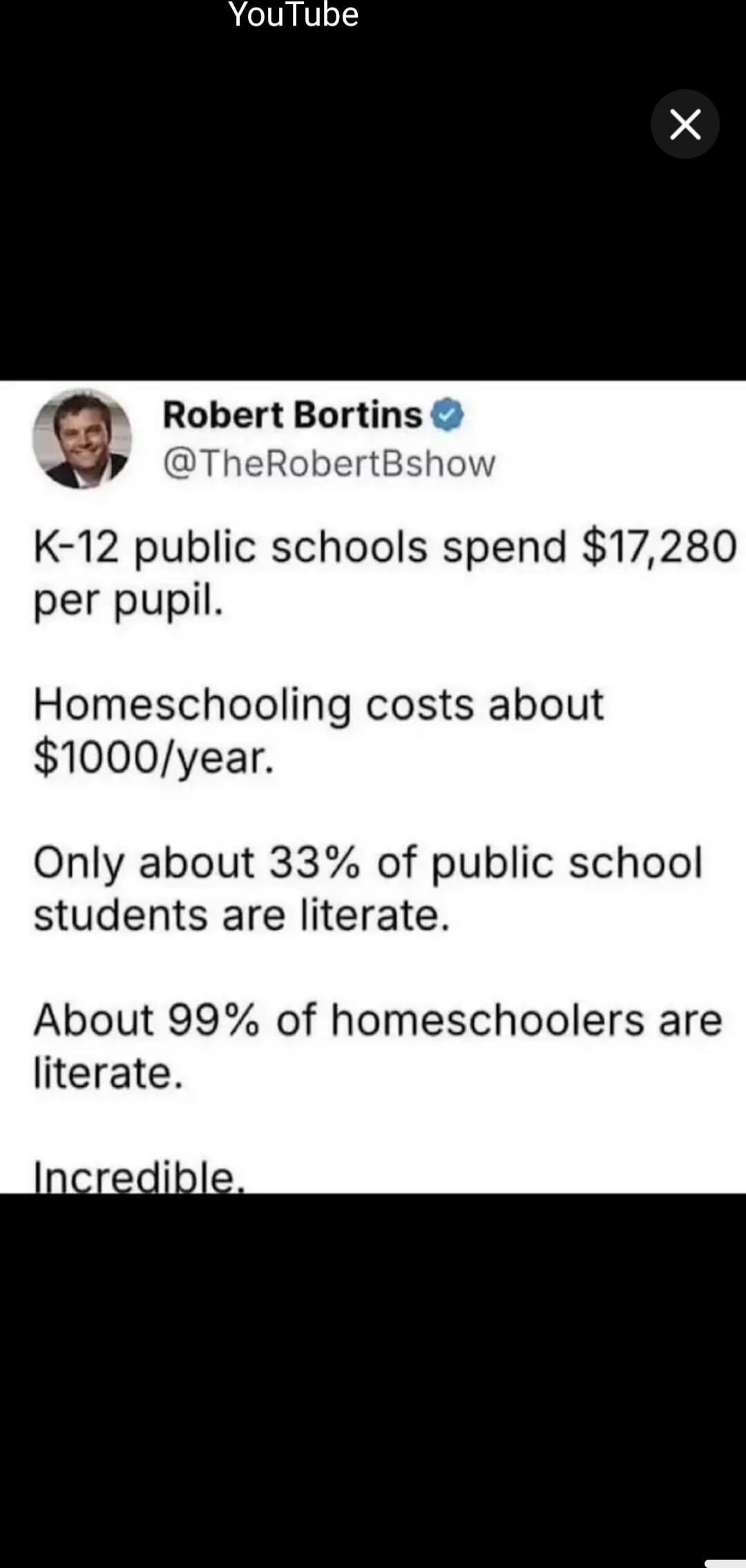 K-12 public schools spend $17,280 per pupil.

Homeschooling costs about $1000/year.

Only about 33% of public school students are literate.

About 99% of homeschoolers are literate.

Incredible.