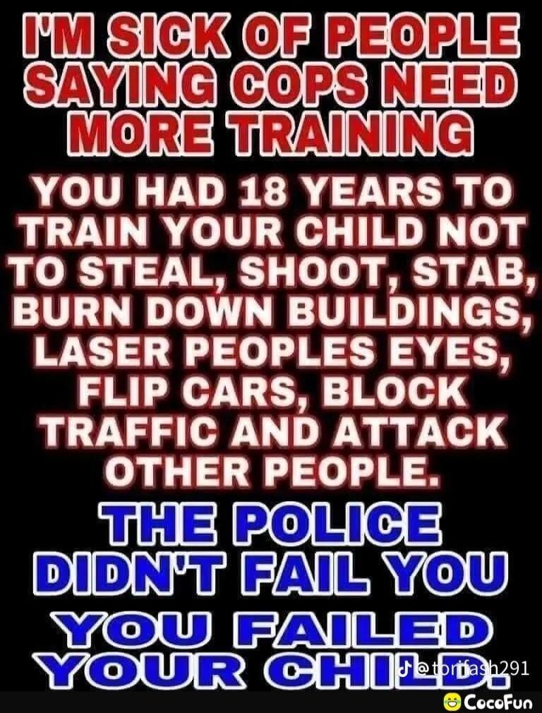 I'M SICK OF PEOPLE SAYING COPS NEED MORE TRAINING YOU HAD 18 YEARS TO TRAIN YOUR CHILD NOT TO STEAL, SHOOT, STAB, BURN DOWN BUILDINGS, LASER PEOPLES EYES, FLIP CARS, BLOCK TRAFFIC AND ATTACK OTHER PEOPLE. THE POLICE DIDN'T FAIL YOU YOU FAILED YOUR CHILD