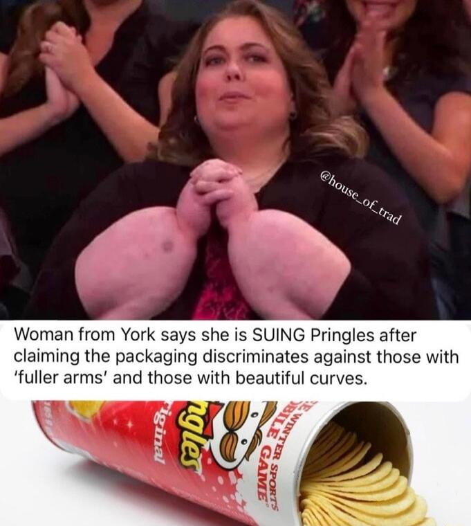 Woman from York says she is SUING Pringles after claiming the packaging discriminates against those with fuller arms and those with beautiful curves