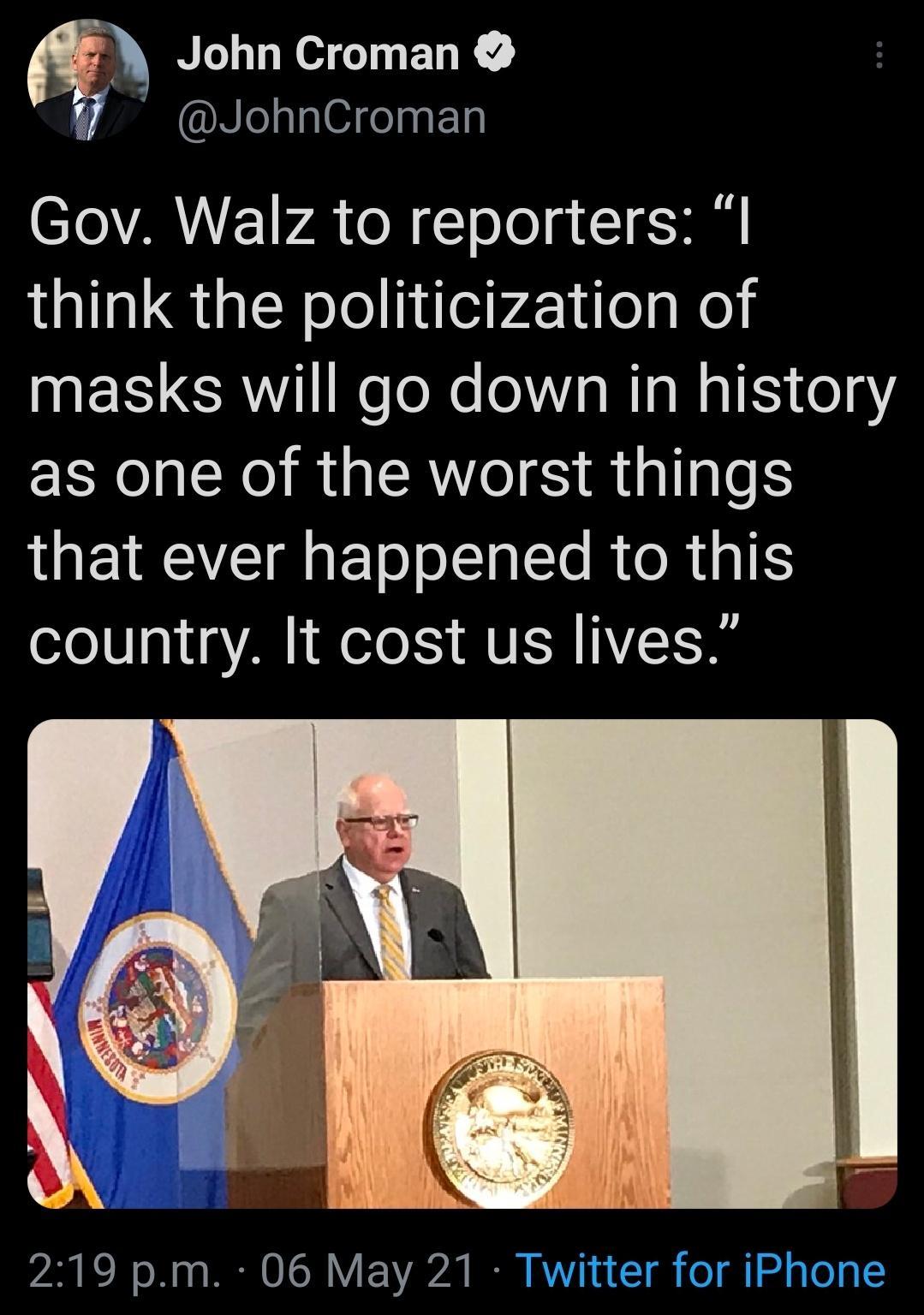 John Croman NIelglseagF1y CTo AR E1 VA o N oTo g I5 think the politicization of masks will go down in history as one of the worst things IQEIREZE aEoTo o To R o R aES country It cost us lives 2 e o o o IR O TOW Y F1Y20720 B V1 n 1 g o g o g To g2