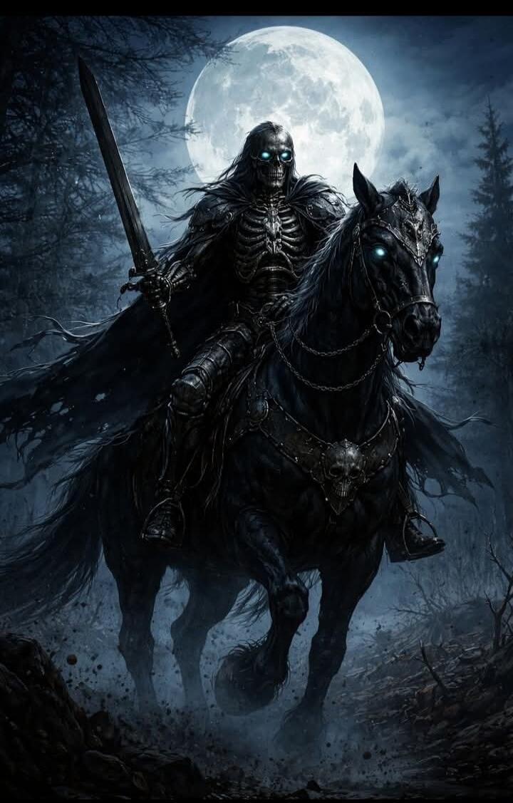 The image depicts a skeletal figure in dark armor riding a black horse under a full moon. The figure holds a sword and has glowing blue eyes. The scene is set in a dark, misty forest.