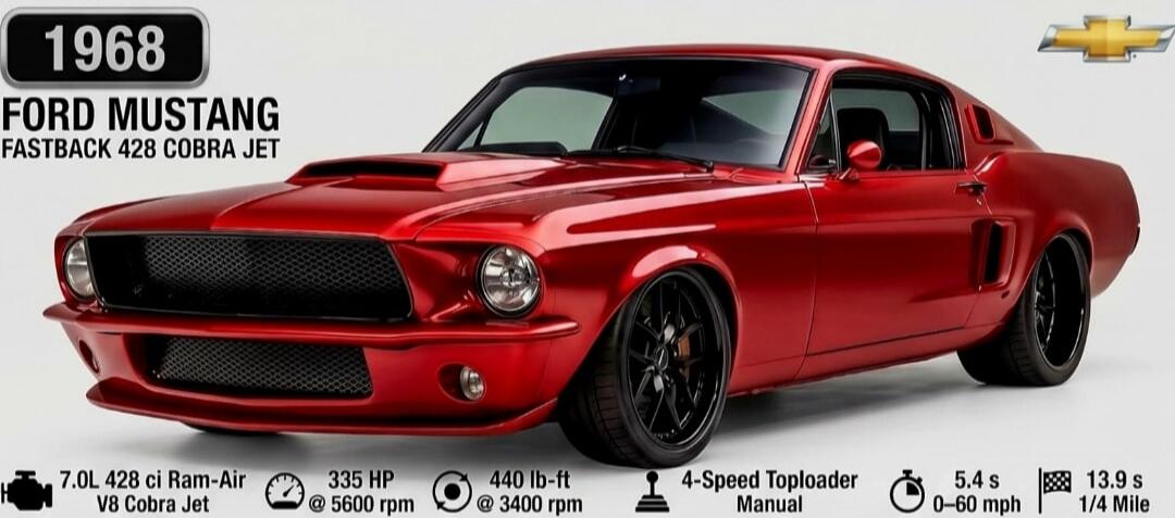 1968 Ford Mustang Fastback 428 Cobra Jet. Engine: 7.0L 428 ci Ram-Air V8 Cobra Jet, 335 HP at 5600 rpm, 440 lb-ft at 3400 rpm. Transmission: 4-Speed Toploader Manual. Performance: 5.4 seconds 0-60 mph, 13.9 seconds 1/4 Mile.