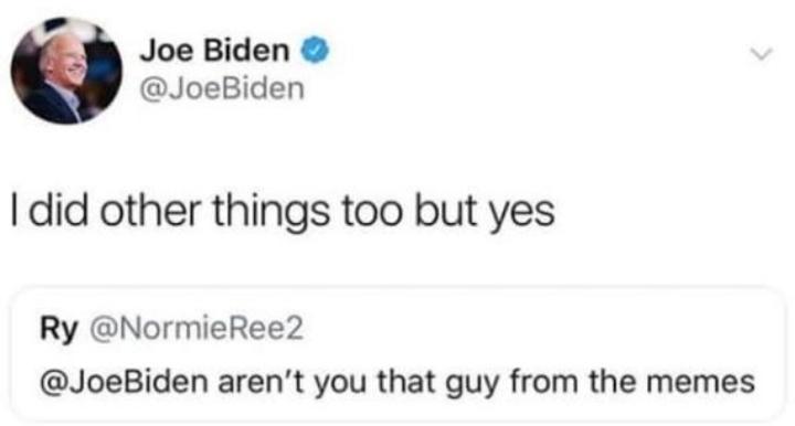 6 Joe Biden JoeBiden did other things too but yes Ry NormieRee2 JoeBiden arent you that guy from the memes