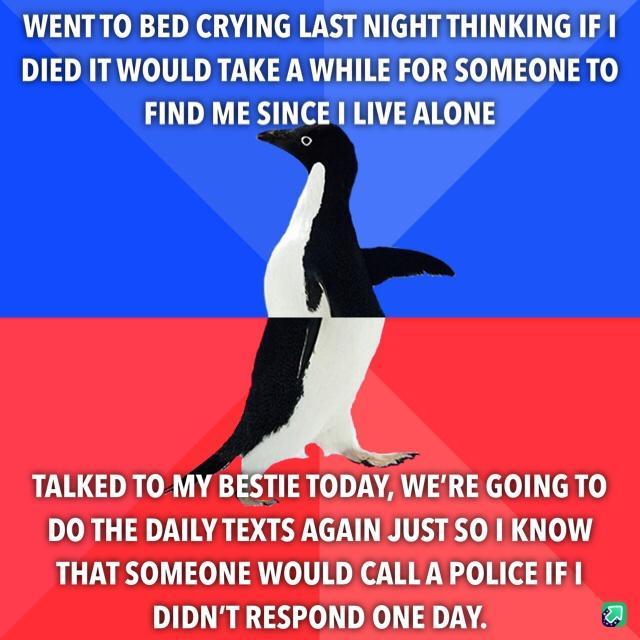 WENTTO BED CRYING LAST NIGHT THINKING IF I DLDN PRV UGN T 0080 0 11 o FIND ME SINCEI LIVE ALONE TALKED TO MY BESTIE TODAY WERE GOING TO DO THE DAILY TEXTS AGAIN JUST SO KNOW THAT SOMEONE WOULD CALLA POLICE IF I DIDNT RESPOND ONE DAY a