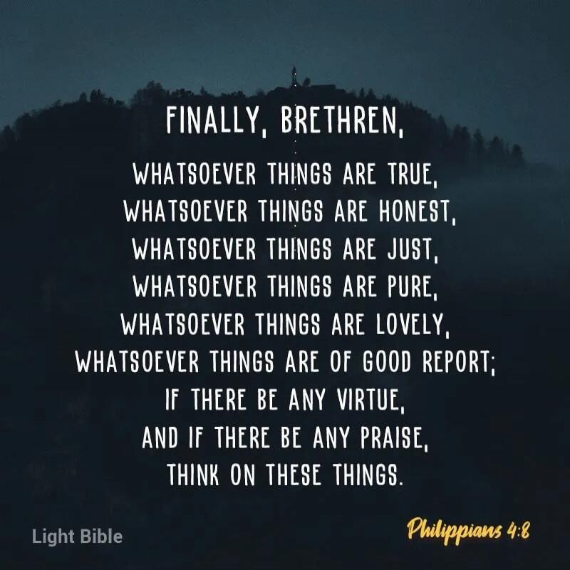 Finally, brethren, whatsoever things are true, whatsoever things are honest, whatsoever things are just, whatsoever things are pure, whatsoever things are lovely, whatsoever things are of good report; if there be any virtue, and if there be any praise, think on these things. Light Bible Philippians 4:8