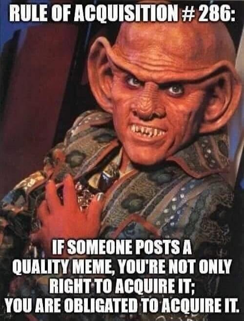 RULE OF ACQUISITION # 286: IF SOMEONE POSTS A QUALITY MEME, YOU'RE NOT ONLY RIGHT TO ACQUIRE IT; YOU ARE OBLIGATED TO ACQUIRE IT.