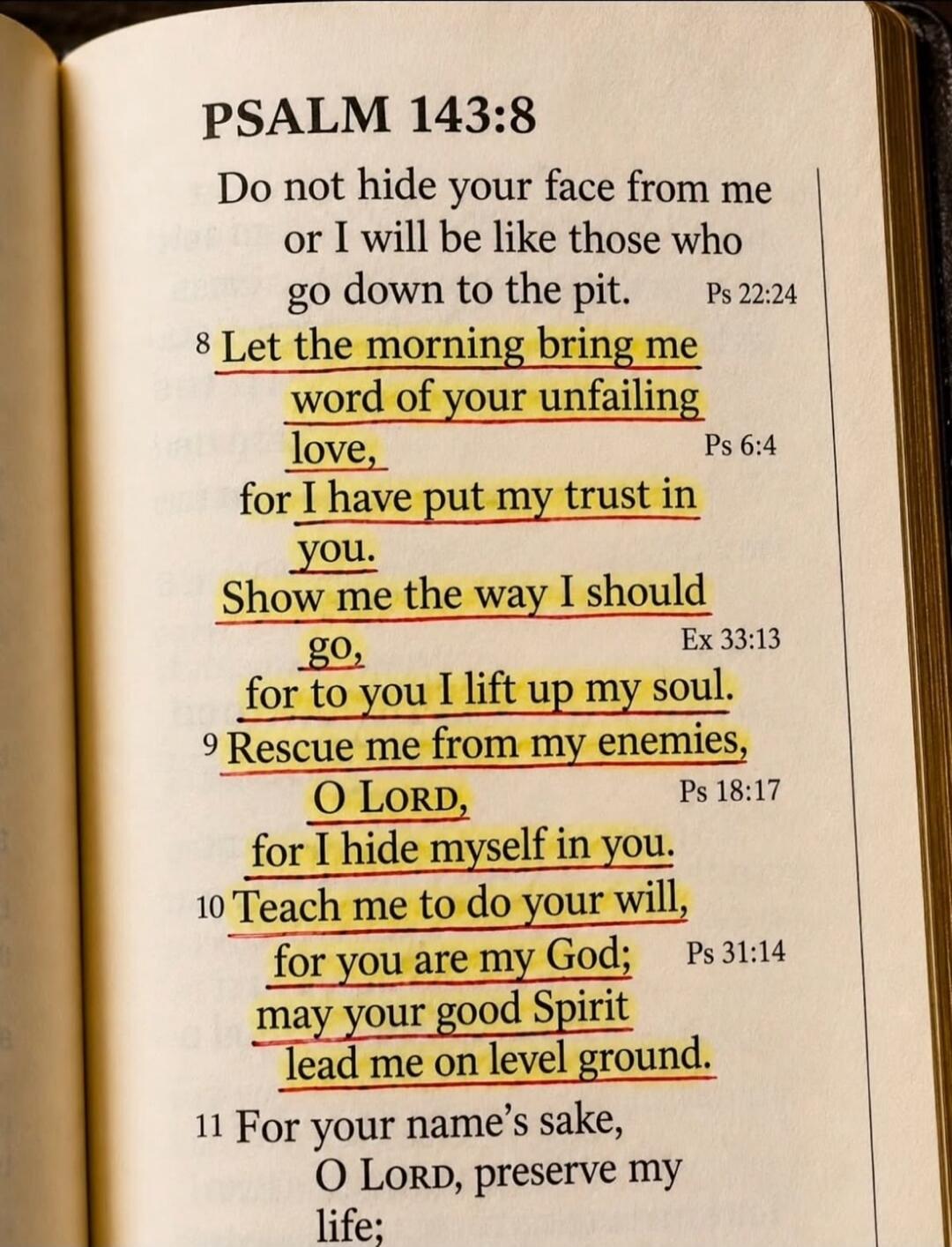 PSALM 143:8 Do not hide your face from me or I will be like those who go down to the pit. Let the morning bring me word of your unfailing love, for I have put my trust in you. Show me the way I should go, for to you I lift up my soul. Rescue me from my enemies, O LORD, for I hide myself in you. Teach me to do your will, for you are my God; may your