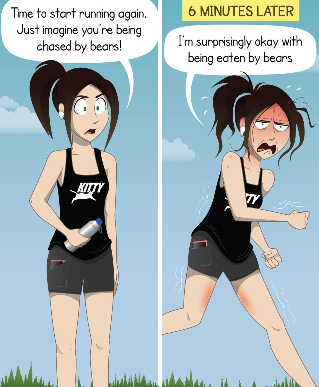 Time fo start running again Just imagine youre being chased by bears Im sunprisingly okay with being eaten by bears pizzacakecomic