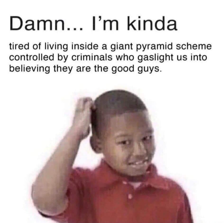 Damn... I'm kinda tired of living inside a giant pyramid scheme controlled by criminals who gaslight us into believing they are the good guys.