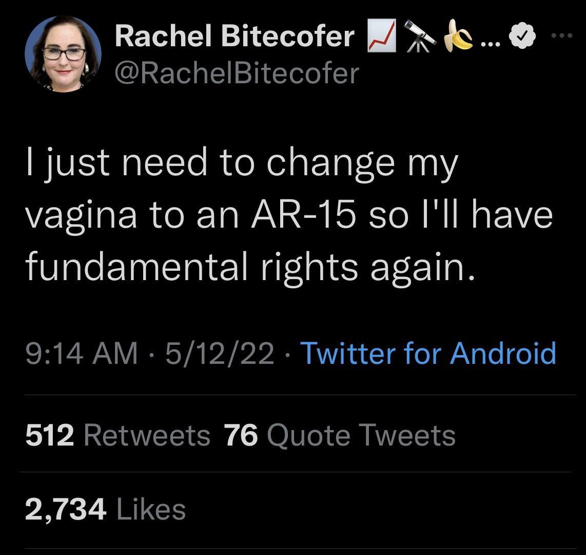 Rachel Bitecofer lf RachelBitecofer BVIS HgTcTe Ao Nelat TalINesY vagina to an AR 15 so Ill have fundamental rights again 914 AM 51222 Twitter for Android 512 Retweets 76 Quote Tweets 2734 Likes