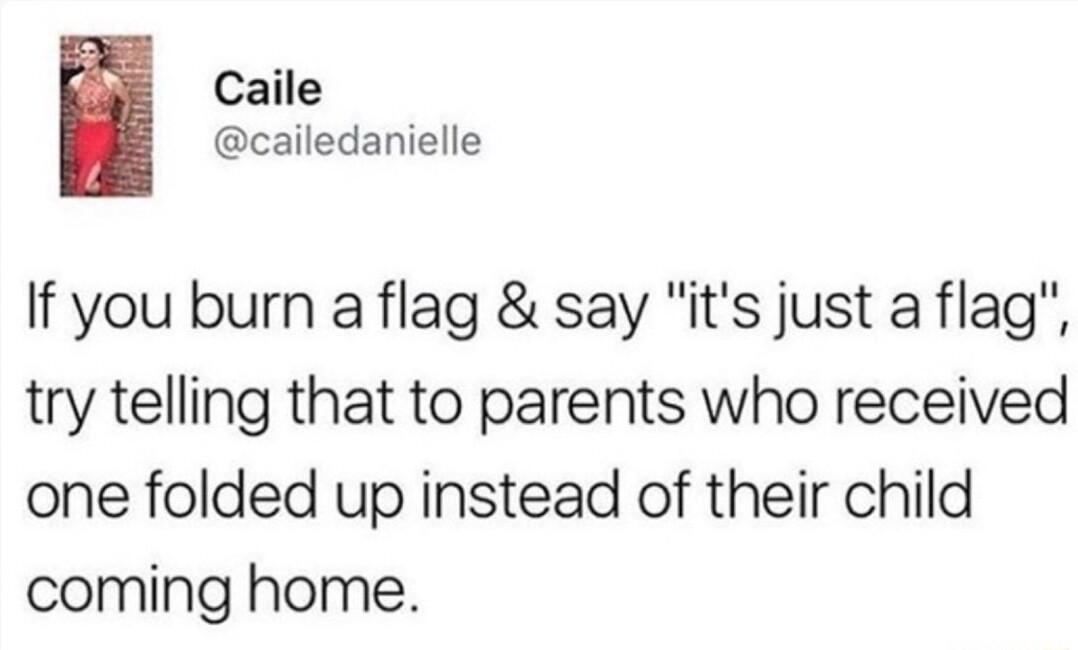 Caile cailedanielle If you burn a flag say its just a flag try telling that to parents who received one folded up instead of their child coming home