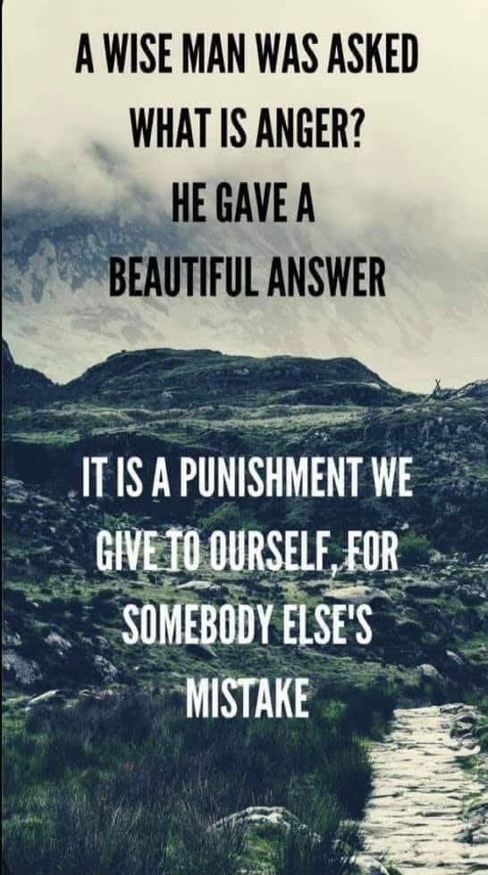 A WISE MAN WAS ASKED WHAT IS ANGER? HE GAVE A BEAUTIFUL ANSWER IT IS A PUNISHMENT WE GIVE TO OURSELVES FOR SOMEBODY ELSE'S MISTAKE