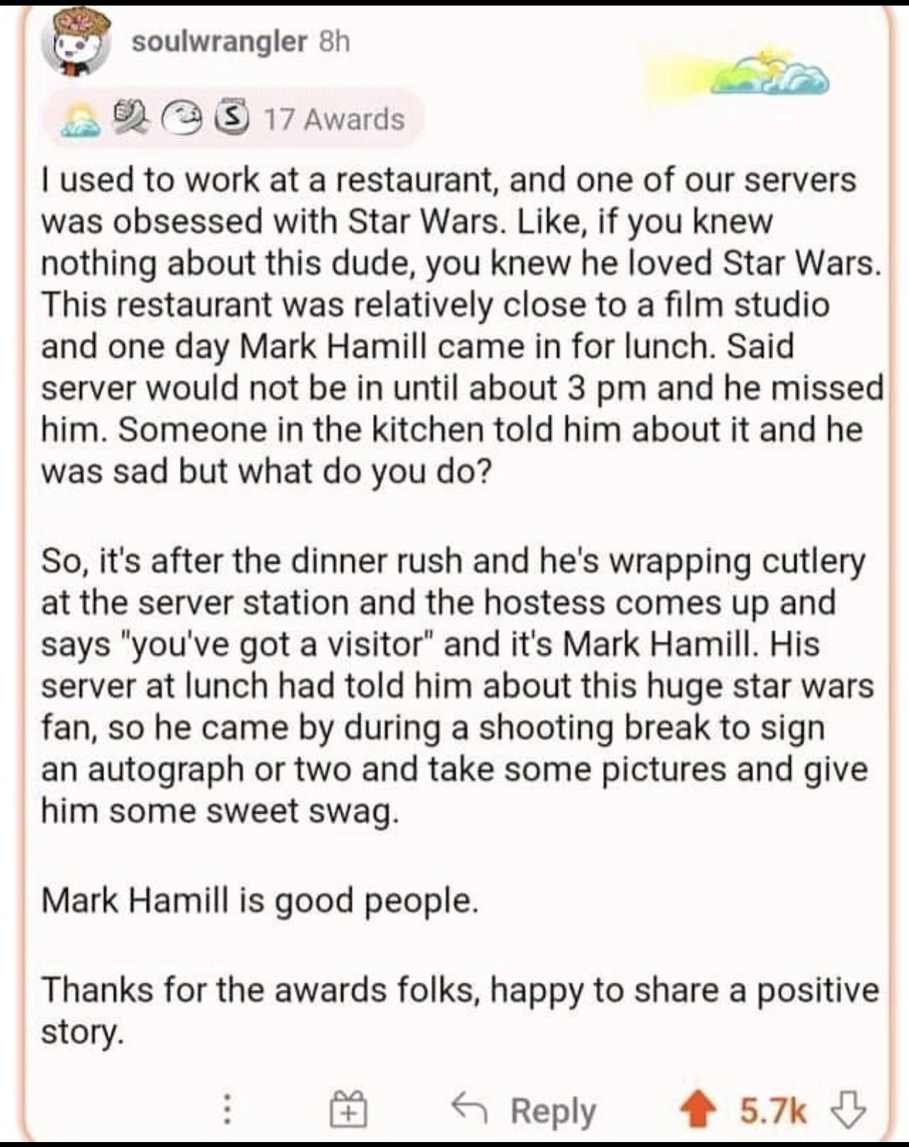 E_ soulwrangler 8h s B3 17 Awards used to work at a restaurant and one of our servers was obsessed with Star Wars Like if you knew nothing about this dude you knew he loved Star Wars This restaurant was relatively close to a film studio and one day Mark Hamill came in for lunch Said server would not be in until about 3 pm and he missed him Someone in the kitchen told him about it and he was sad bu