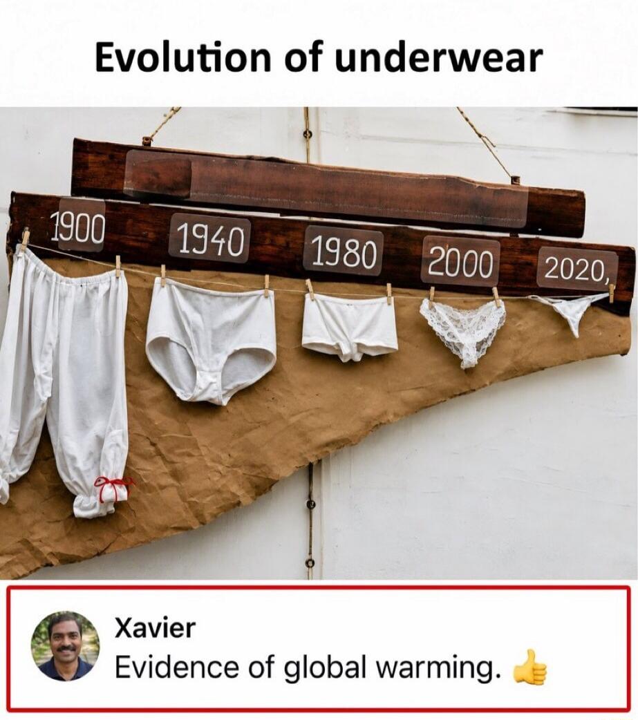 Evolution of underwear. 1900, 1940, 1980, 2000, 2020. Xavier: Evidence of global warming.