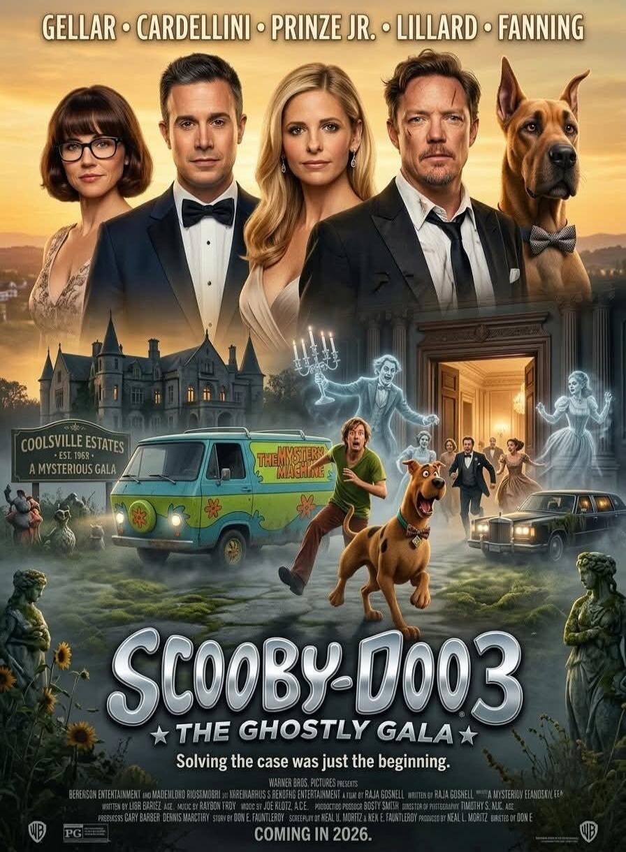 GELLAR • CARDELLINI • PRINZE JR. • LILLARD • FANNING COOLSVILE ESTATES • EST. 1968 • A MYSTERIOUS GALA THE MYSTERY MACHINE SCOOBY-DOO 3 THE GHOSTLY GALA Solving the case was just the beginning. BERENSON ENTERTAINMENT AND MADEMLOND RIOSXMGHRI AND WAREHHAUS & RENDING ENTERTAINMENT A FILM BY RAJA GOSNELL A MYSTERY EFANDANXEW A FILM WRITTEN BY LIOR GAB