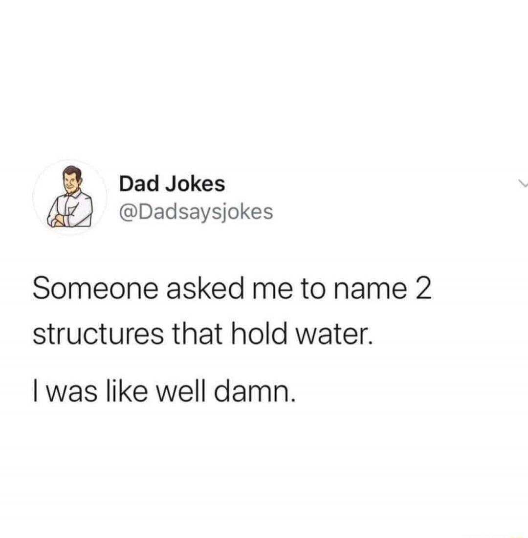 Dad Jokes @Dadsaysjokes Someone asked me to name 2 structures that hold water. I was like well damn.