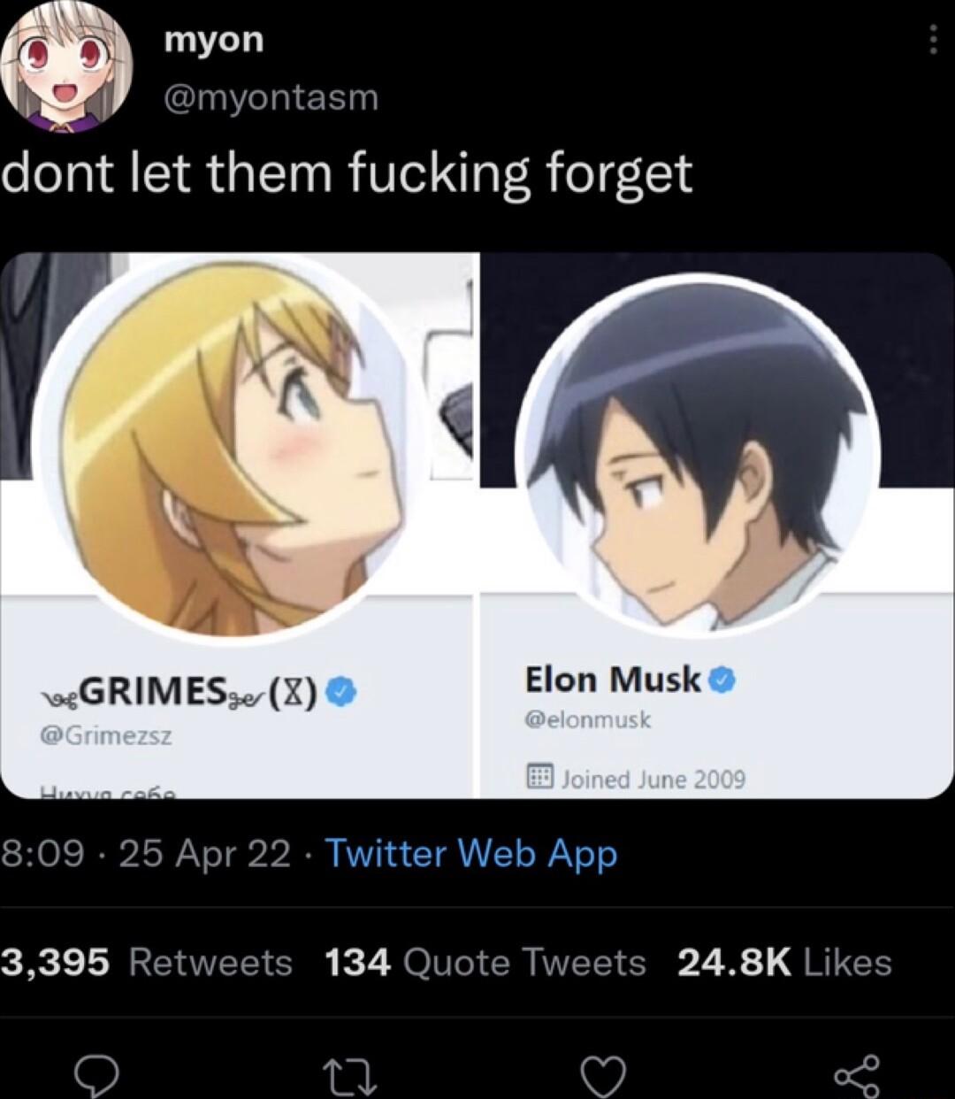 myon dont let them fucking forget GRIMES Elon Musk Apr 22 Twitter Web App Rt LREITEE I K T YOIV Ry T pZ 1 QR