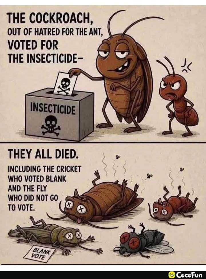 THE COCKROACH, OUT OF HATRED FOR THE ANT, VOTED FOR THE INSECTICIDE- THEY ALL DIED. INCLUDING THE CRICKET WHO VOTED BLANK AND THE FLY WHO DID NOT GO TO VOTE. INSECTICIDE BLANK VOTE